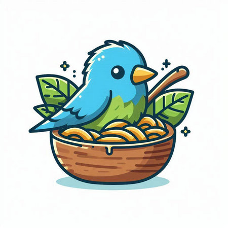 Cute blue bird in a basket of pasta. Vector illustration.のイラスト素材