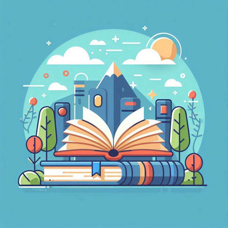 Vector illustration of a book with a mountain in the background. Education concept.のイラスト素材