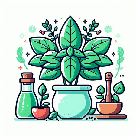 Vector illustration of a green houseplant in a pot with mortar and pestle.のイラスト素材