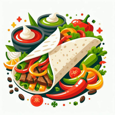 Mexican food vector illustration. Traditional mexican tacos with meat, vegetables and sauce.のイラスト素材