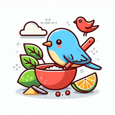 Cute bird with bowl of rice and fruits. Vector illustration.のイラスト素材