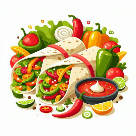 Mexican burrito with guacamole, chili pepper, tomato, onion and lettuce. Vector illustrationのイラスト素材