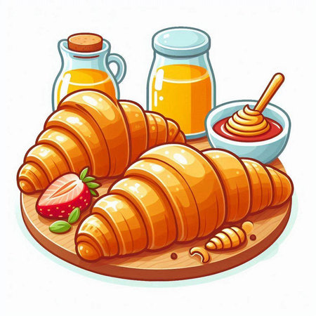 Breakfast with croissant, honey and strawberries. Vector illustration.のイラスト素材