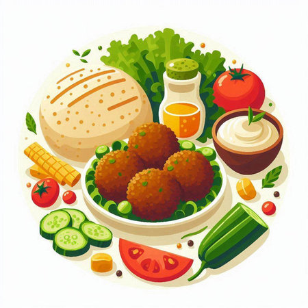 Vector illustration of a plate with falafel, tomatoes, cucumbers, olivesnnaise, parsley, lettuce.のイラスト素材