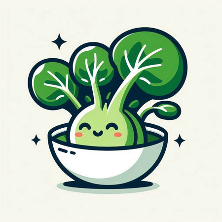Cute kawaii kohlrabi in bowl. Vector illustration.のイラスト素材