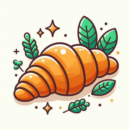 Croissant with leaf and stars. Vector doodle illustration.のイラスト素材