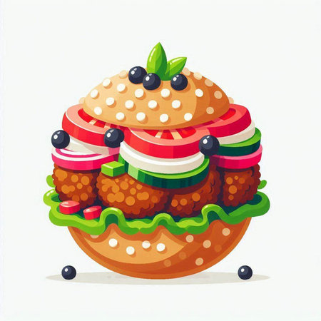 Cartoon hamburger with tomato, cucumber and onion. Vector illustrationのイラスト素材