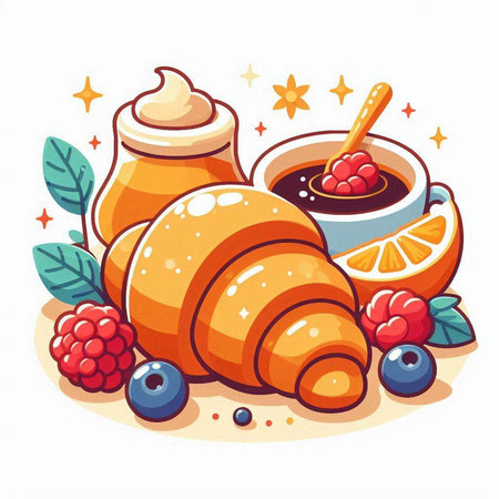 Vector illustration of a croissant, cup of coffee and jamのイラスト素材