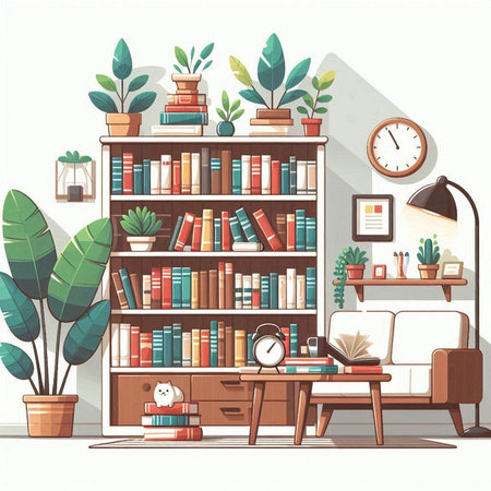 Living room interior with bookshelf, sofa and plants. Flat style vector illustration.のイラスト素材
