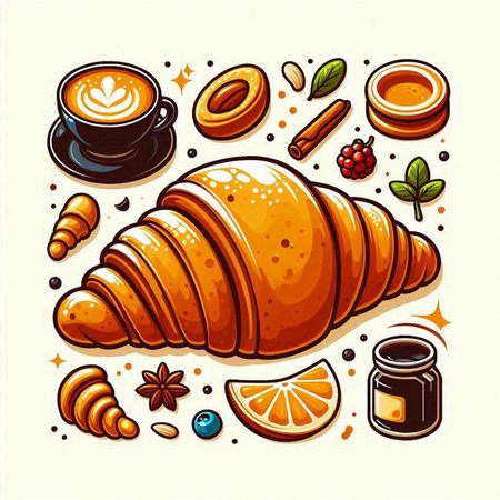 Coffee and croissant. Vector illustration in retro style.のイラスト素材