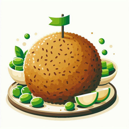 Illustration of fried kiwi with green olives on plateのイラスト素材