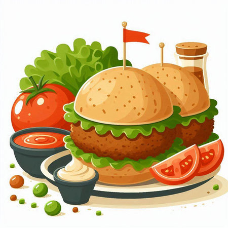Hamburger and ingredients on the white background. Vector illustration.のイラスト素材