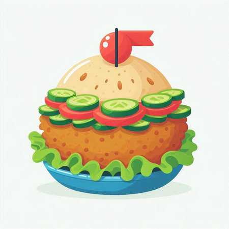 Cartoon fast food hamburger with cucumber and tomato. Vector illustration.のイラスト素材