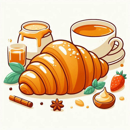 Coffee, croissant and honey. Vector illustration.のイラスト素材