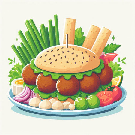 Illustration of a hamburger with french fries and vegetables on a plateのイラスト素材
