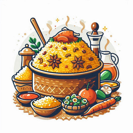 Illustration of a bowl of pilaf with vegetables and spices.のイラスト素材