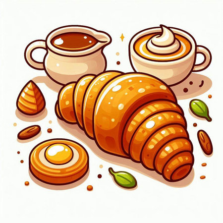 Croissant with coffee and cream on white background. Vector illustration.のイラスト素材