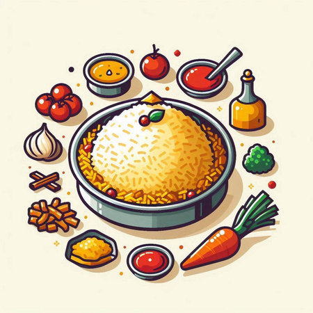 Illustration of a rice dish with various ingredients. Vector illustration.のイラスト素材