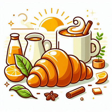 Cup of coffee, croissant, orange and cinnamon. Vector illustration.のイラスト素材