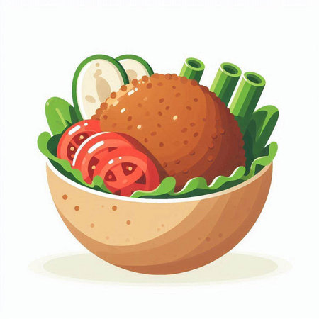 Bowl of vegetable salad with chicken. Vector illustration in cartoon styleのイラスト素材