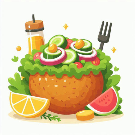Salad with avocado, tomato, cucumber and lemon. Healthy food. Vector illustrationのイラスト素材