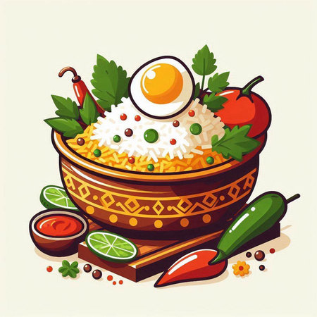 Illustration of a bowl of rice with vegetables, eggs and spicesのイラスト素材