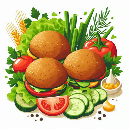 Vegetables and hamburger on white background. Vector illustration.のイラスト素材