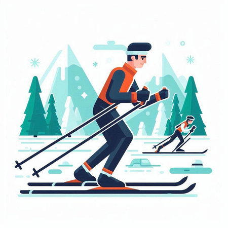 Man skiing in winter forest flat vector illustration. Cartoon skier in sportswear.のイラスト素材