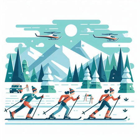 Vector illustration of skiers in the mountains. Flat style design.のイラスト素材