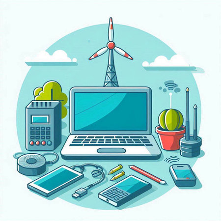 Vector illustration of a flat design of a computer, smartphone, stationery and wind turbineのイラスト素材