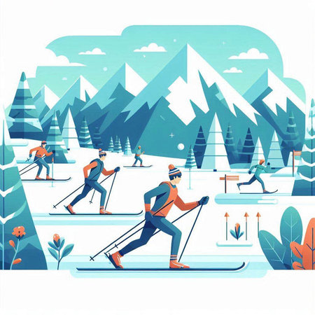 Cross-country skiing. Skiing in the mountains. Vector illustrationのイラスト素材