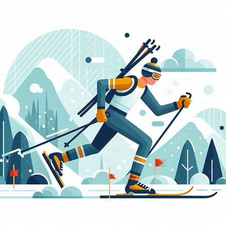 Cross-country skiing. Vector illustration in flat cartoon style on the theme of winter sports.のイラスト素材