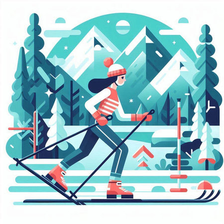 Woman skiing in forest. Winter sport, active lifestyle. Vector illustrationのイラスト素材