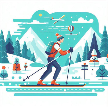 Man skiing in mountains, flat vector illustration. Winter sport and recreation.のイラスト素材