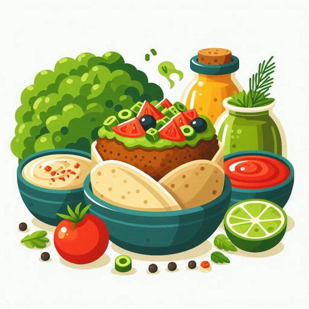 Mexican food vector illustration. Taco with guacamole, nachos, sauce, lime, tomato, pepper, olive oil, chili pepper.のイラスト素材