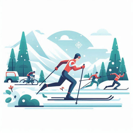 People skiing in the mountains. Flat vector illustration. Winter sports.のイラスト素材