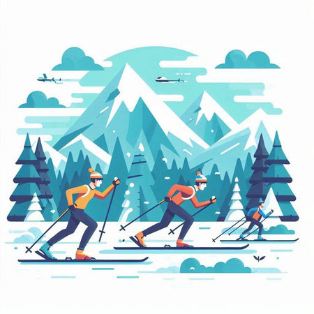 Cross-country skiing in the mountains. Flat style vector illustration.のイラスト素材