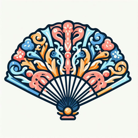 Hand drawn sketch of a fan with floral pattern. Vector illustration.のイラスト素材