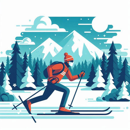 Cross-country skiing. Vector illustration of a skier in the mountains.のイラスト素材