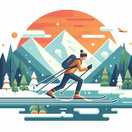 Cross-country skiing in the mountains. Flat style vector illustration.のイラスト素材