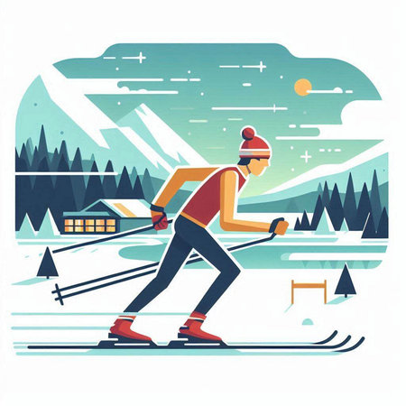 Winter sport vector illustration. Skier skiing in the park. Flat style design.のイラスト素材