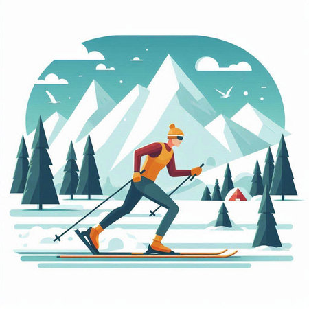 Cross-country skiing. Vector illustration in flat cartoon style. Winter sport.のイラスト素材