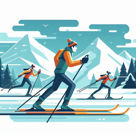 People skiing in the mountains. Vector illustration in a flat style.のイラスト素材