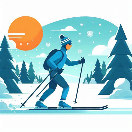 Vector illustration of skier in winter landscape. Flat style design.のイラスト素材