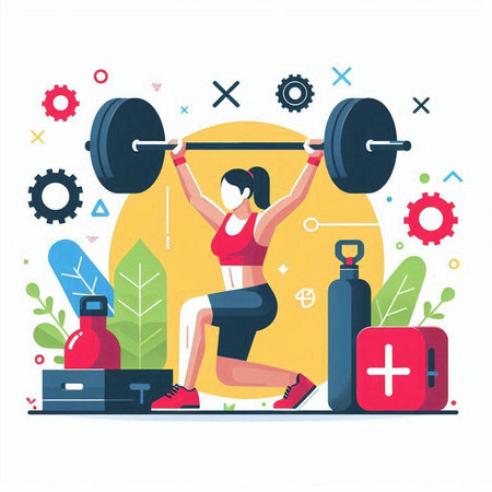 Fitness woman doing exercises with barbell. Flat style vector illustration.のイラスト素材