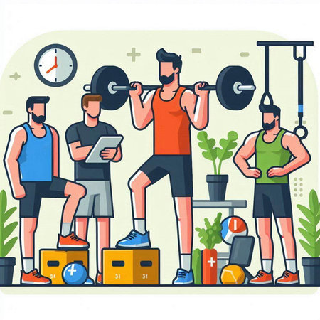 Fitness people in the gym. Vector illustration in flat style.のイラスト素材