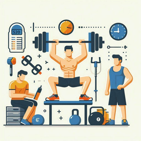 Fitness and bodybuilding flat vector illustration. Bodybuilding, healthy lifestyle concept.のイラスト素材