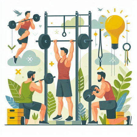 Fitness and healthy lifestyle concept. Man and woman in sportswear doing exercise with barbell, weightlifter and weights. Vector illustration in flat styleのイラスト素材