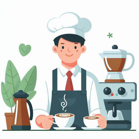 Coffee maker and barista. Vector illustration in flat styleのイラスト素材