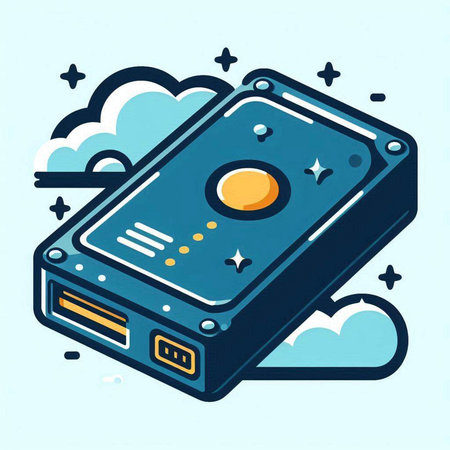 Vector illustration of a hard disk drive in the sky with clouds.のイラスト素材
